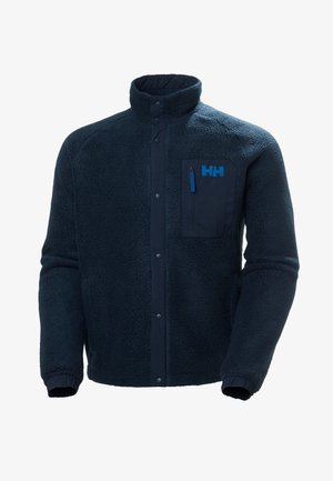 Dark blue fleece jacket with a high collar, snap front, and elastic cuffs. Features a chest pocket with a blue zipper and logo. Soft texture.
