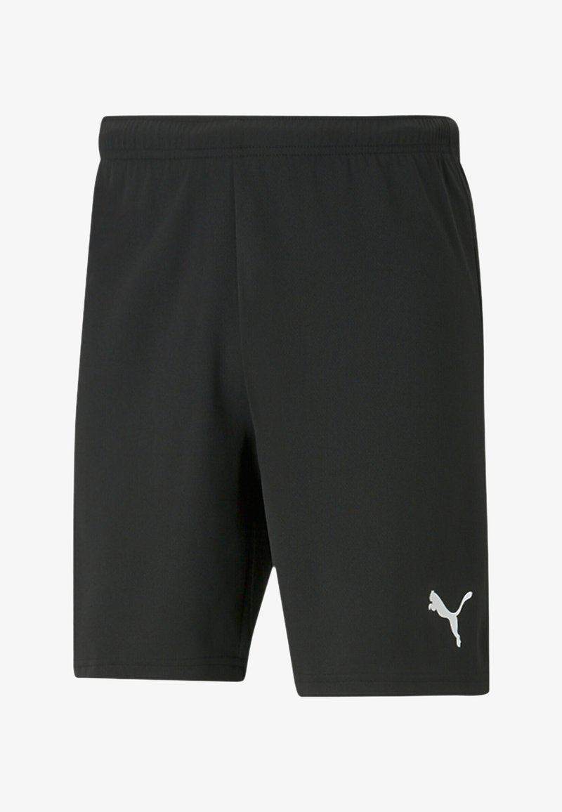 Shorts sportivi neri realizzati in tessuto liscio, con vita elastica e un piccolo logo bianco Puma sul lato destro in basso.