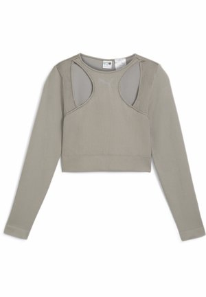 Jasnoszary, prążkowany crop top z długim rękawem, z wycięciami na ramionach i subtelnym logo. Posiada dopasowany krój i teksturowany materiał.