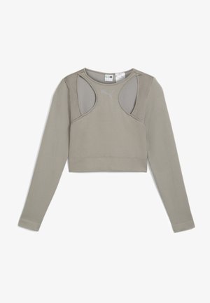 Top corto a maniche lunghe grigio chiaro a coste con aperture sulle spalle e un logo discreto. Presenta un design aderente e un tessuto testurizzato.