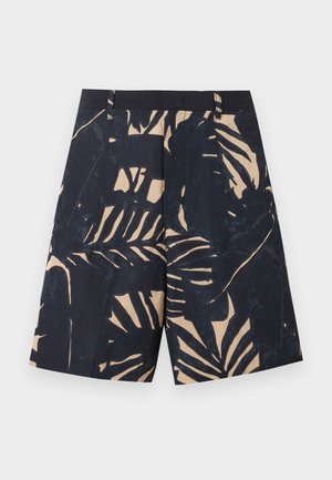 Granatowe szorty z beżowym tropikalnym wzorem liści, z szlufkami na pasek i przednimi kieszeniami, ułożone płasko na białym tle.