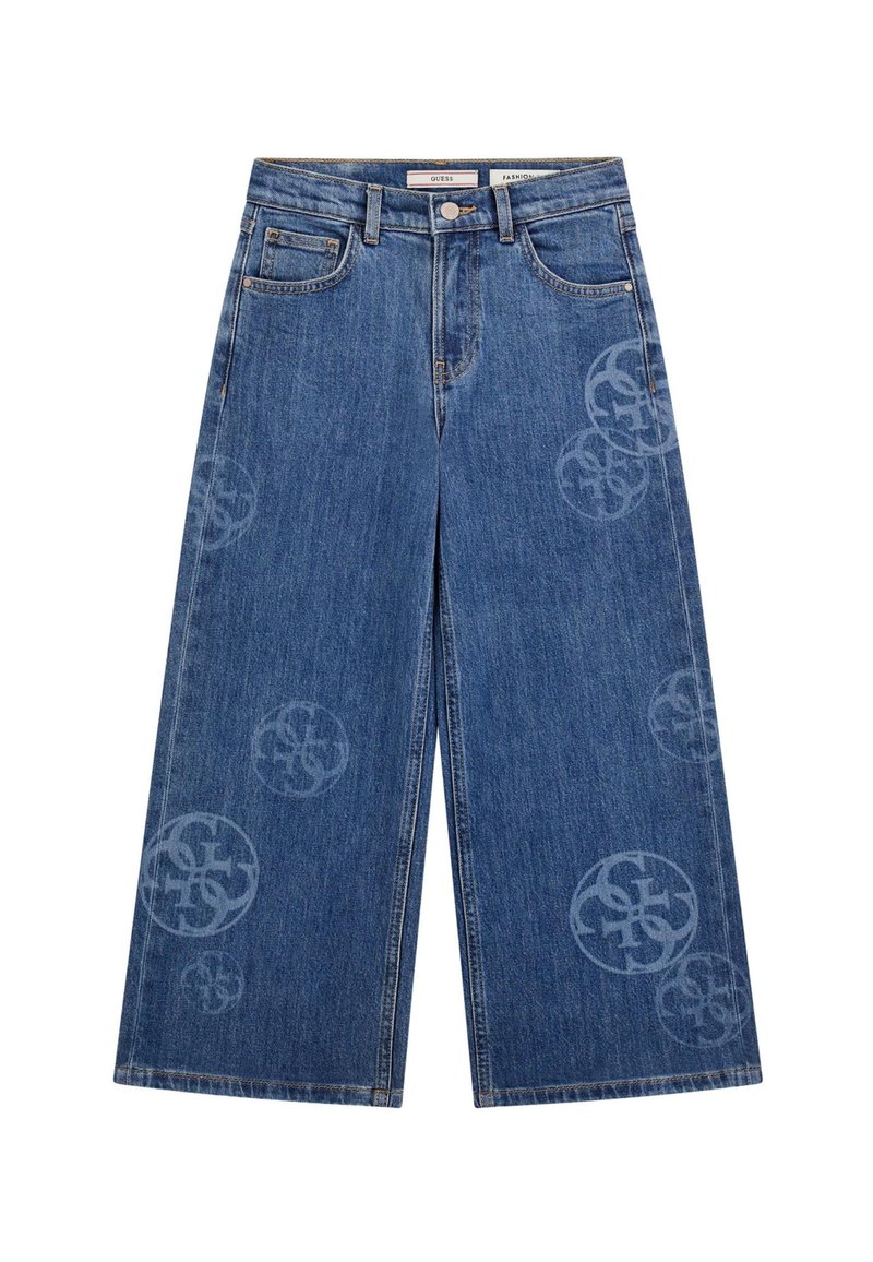 Jeans a gamba larga in denim blu medio con accenti a motivo discreto. Vita standard con tasche frontali e chiusura a bottone.