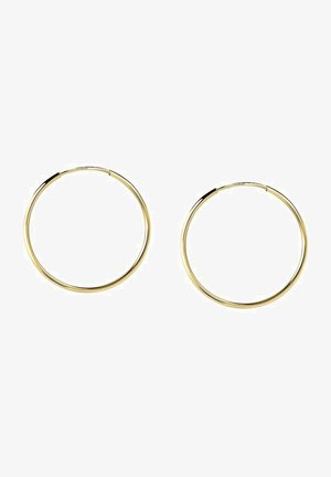 Gouden hoepel oorbellen met een gladde, gepolijste afwerking. Cirkelvormig ontwerp met een eenvoudige open sluiting, met een lichte constructie.