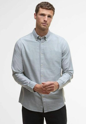 Man met kort bruin haar draagt een lichtblauw knoopjes overhemd met lange mouwen, staand met handen gevouwen tegen een effen witte achtergrond.