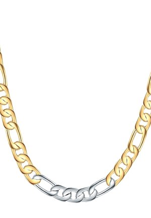 Collar de cadena de oro y plata con eslabones entrelazados; las secciones de oro son ovaladas, mientras que las secciones de plata tienen forma más rectangular.