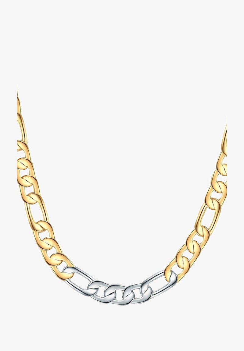 Gouden en zilveren ketting met in elkaar verweven schakels; de gouden secties zijn ovalen, terwijl de zilveren secties meer rechthoekig van vorm zijn.