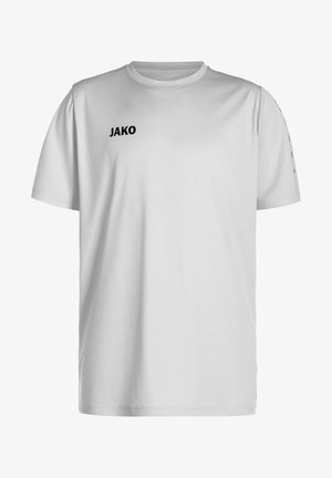 Witte T-shirt met korte mouwen van zacht stof, voorzien van een ronde halslijn en een zwart "JAKO" logo op de voorkant. Minimalistisch ontwerp met strakke lijnen.