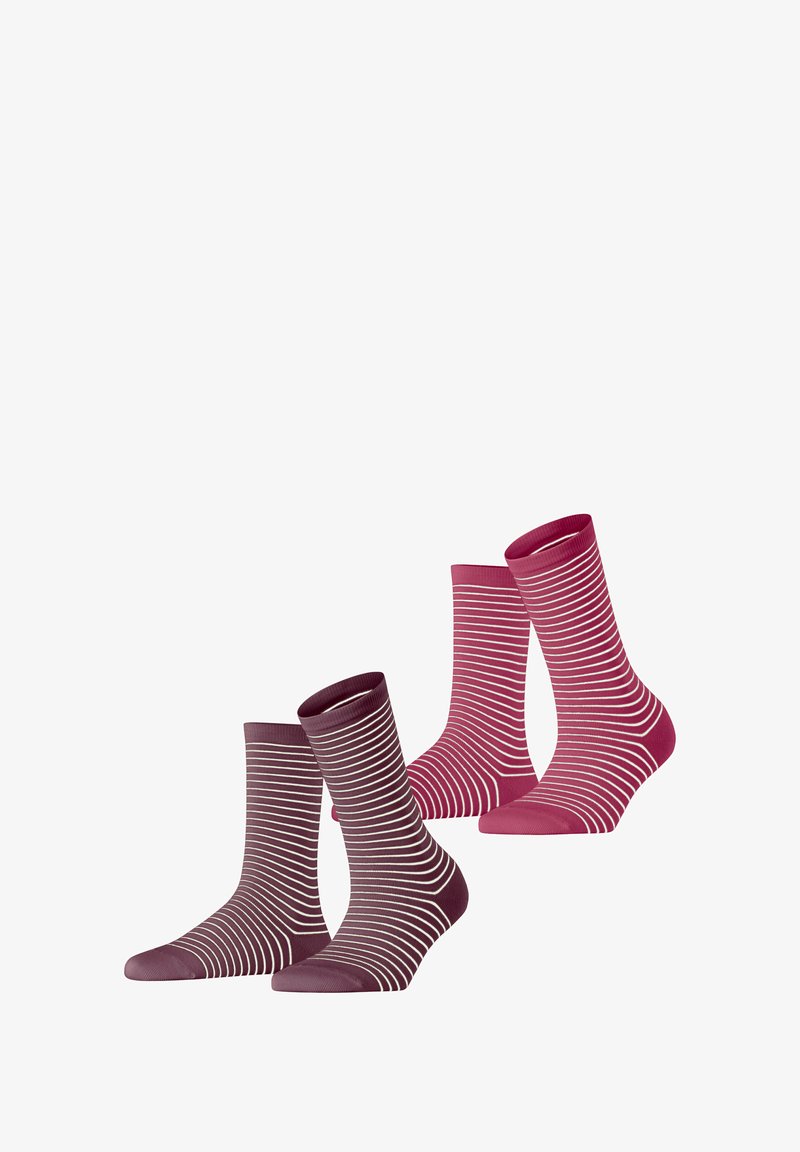 Ensemble de quatre paires de chaussettes rayées comprenant deux paires bourgogne profond et deux paires roses, toutes avec des rayures horizontales blanches contrastantes.