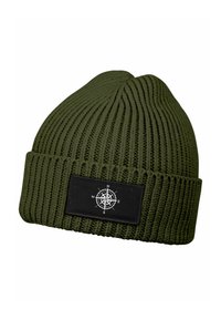 Green ribbed knit beanie featuring a black patch with a white compass design. The fabric is textured, providing warmth and comfort.
