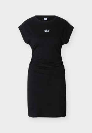 Schwarzes, kurzärmeliges, figurbetontes Kleid mit geraffter Taille und weißem "GAP"-Logo mittig auf der Brust.