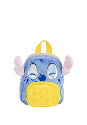 Children's soft plush backpack designed like a blue cartoon animal with shiny eyes, pink ears, yellow zipper pocket, and handle.