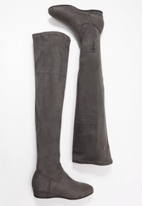 Botas grises por encima de la rodilla, hechas de ante suave, con cierre lateral, puntera redondeada y tacón bajo en cuña.