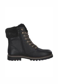 Bottine en cuir noir avec un col en fausse fourrure, quincaillerie dorée et design à lacets. Dispose d'une fermeture éclair sur le côté et d'une semelle en caoutchouc texturée.
