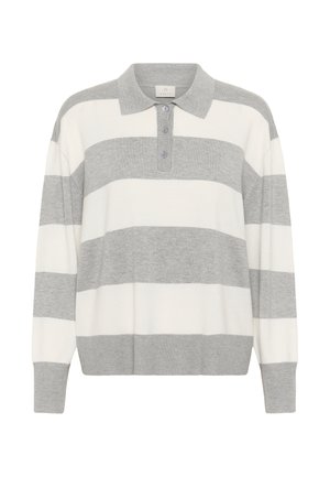 Maglione a righe grigie e bianche con colletto, caratterizzato da tre bottoni, maniche lunghe e vestibilità comoda. Tessuto morbido a maglia.