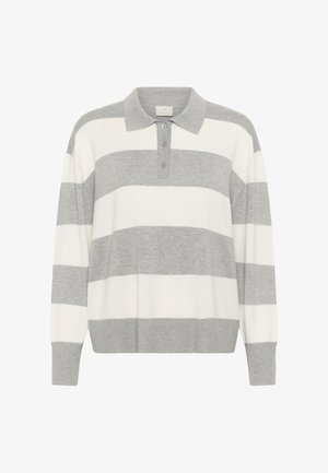 Gray and white striped pullover shirt with a collar, featuring three buttons, long sleeves, and a relaxed fit. Soft knit texture.