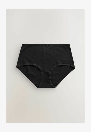 Culotte en coton noir taille haute avec une texture lisse, ornée d'une bordure en dentelle et d'un petit nœud au niveau de la ceinture.