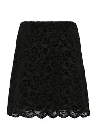 Zwarte kanten rok met een bloemenpatroon en een geschulpt zoom, ontworpen met een getailleerd silhouet en textiel voor extra detail.