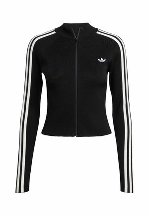 Black ribbed zip-up sweater with long sleeves, featuring white stripes along the arms and a small logo on the left chest.