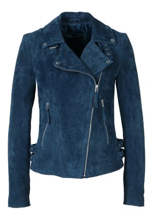Donkerblauwe suède bikerjas met asymmetrische ritssluiting, drukknoopdetails en zijritsen. Voorzien van gespsluitingen in de taille en een getextureerde afwerking.