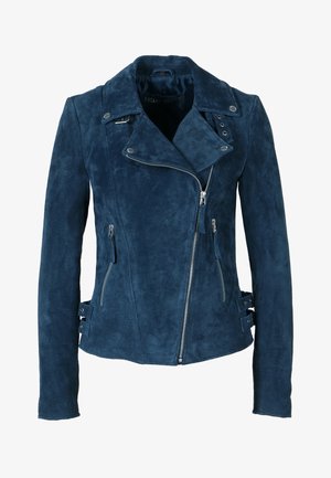 Donkerblauwe suède bikerjas met asymmetrische ritssluiting, drukknoopdetails en zijritsen. Voorzien van gespsluitingen in de taille en een getextureerde afwerking.
