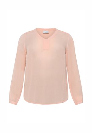 Light pink, long-sleeve blouse with a V-neckline, made from a sheer material. Features a small placket and gathered cuffs.