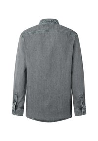 Graues Denimhemd mit Rückennaht, geknöpften Manschetten und abgerundetem Saum. Verfügt über eine dezente Textur und tonale Nähte.