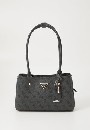 Black faux leather handbag with a textured pattern, gold hardware, triangular logo detail, and a detachable charm. Two shoulder straps.