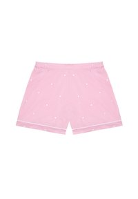 Roze katoenen shorts met witte stippen, voorzien van een elastische tailleband en een witte bies langs de zoom. Glad en gestructureerd oppervlak.