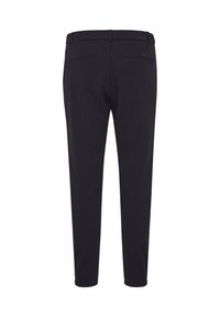 Dark navy trousers with a slim fit, smooth fabric, flat waistband, and two back pockets; clean lines and minimal design details.