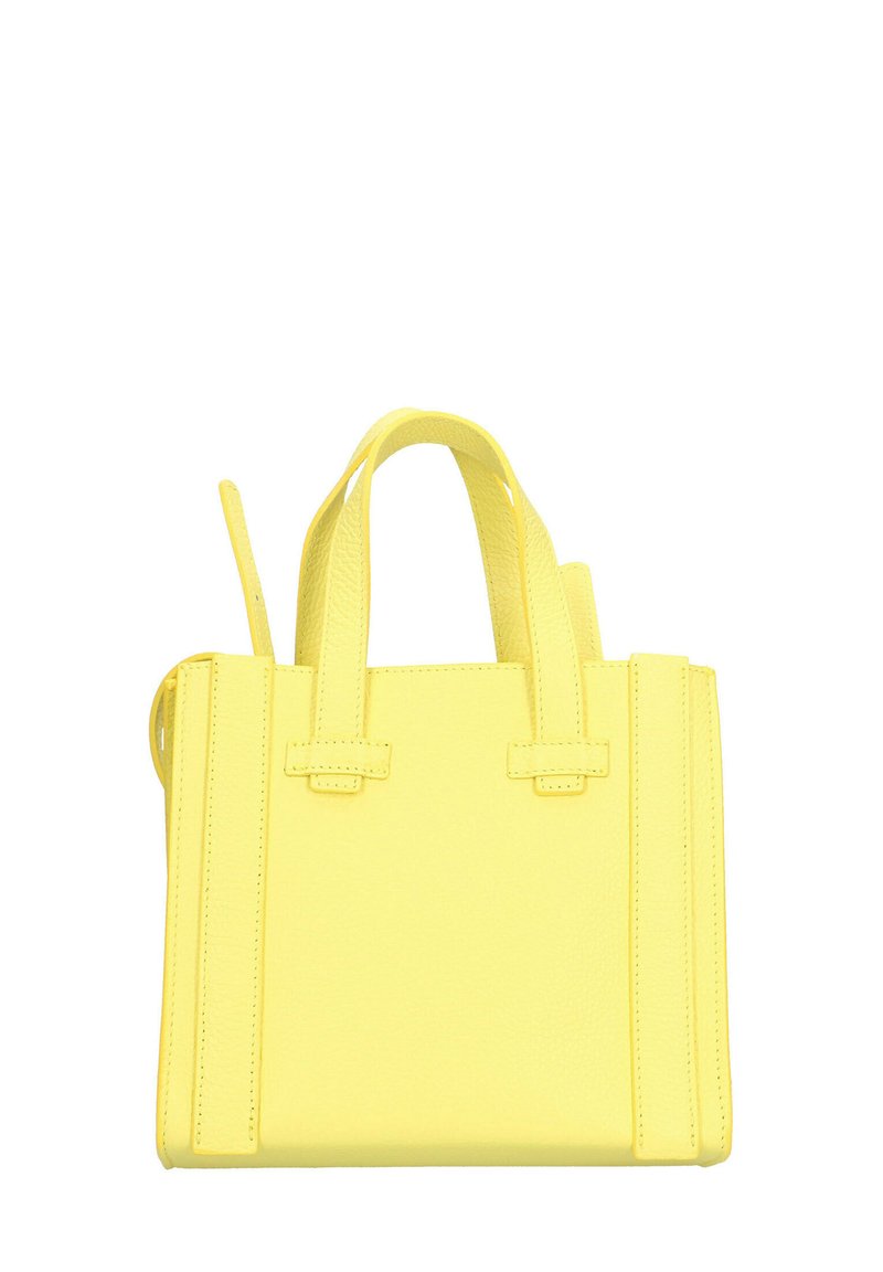 Borsa a mano gialla compatta realizzata in pelle testurizzata, con due manici superiori, una tracolla removibile e dettagli di cucitura visibili.