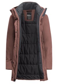 Hooded jas met een bruine buitenlaag en een zwarte gewatteerde binnenkant. Voorzien van drukknoopsluitingen, een rits en een zachte textuur. Binnenkant heeft een gestikt ontwerp.