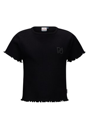 Zwart geribbeld T-shirt met korte mouwen en franje aan de randen. Voorzien van een klein, donker logo aan de voorkant. De halslijn heeft een ronde vorm en is gemaakt van een gestructureerde stof.