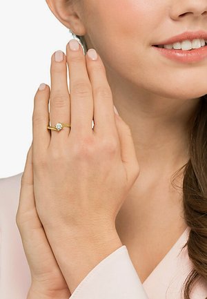 Goldring mit einem klaren zentralen Stein, der in einem schlichten Band gefasst ist. Die Hand ist elegant positioniert, wobei die glatte Haut und ein leichter Glanz zur Geltung kommen.