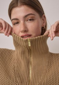 Beige, knitted sweater with high ribbed collar and gold zipper, featuring textured patterns and a loose fit. Soft and cozy appearance.