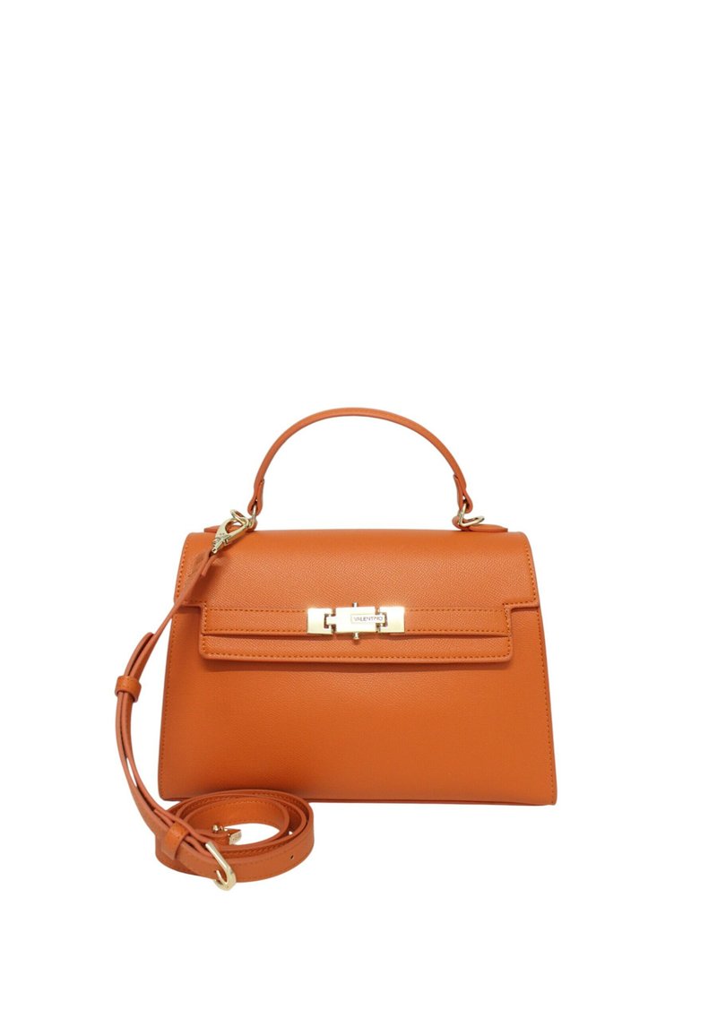 Sac à main en cuir orange, avec une forme structurée, une poignée supérieure, une bandoulière amovible et une fermeture à fermoir doré.