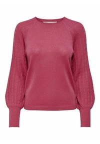 Pull rose avec un corps lisse et des manches texturées côtelées ; il présente un col rond et des manches légèrement bouffantes en forme de ballon.