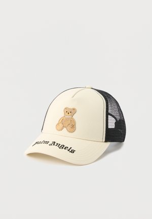 Beige-schwarze Baseballkappe aus Mesh mit einem gestickten Teddybär auf der Vorderseite und dem Schriftzug "palm Angels" am Schirm.
