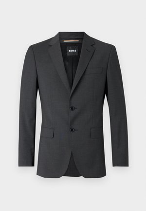 Sötétszürke blézer két gombbal, fodros hajtókával és egyetlen mellzsebbel, texturált anyagból készült. Bélése márkacímkét tartalmaz.