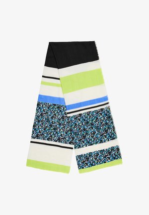 Kolorowy szalik w czarne, zielone, białe i niebieskie paski z kwiatowym wzorem. Wykonany z lekkiego materiału o postrzępionych krawędziach.