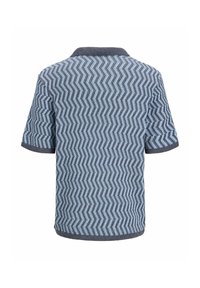 Polo en maille manches courtes avec motif zigzag bleu et gris et col, poignets et ourlet unis gris foncé.