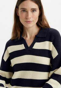 Marineblå og cremefarvet stribet striktrøje med V-hals, krave og lange ærmer. Struktureret stof med en løs, afslappet pasform.