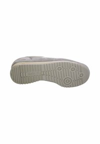 Sole di sneaker in suede grigio chiaro con un motivo di trazione in gomma testurizzata caratterizzato da indentazioni circolari. Marca e nome del modello impressi sul lato.