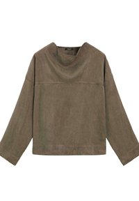 Bruine suède top met lange mouwen, wijd en licht losvallend model, met een brede ronde halslijn, zonder zichtbare knopen of patronen.