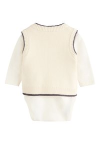 Cream-colored knitted vest with a ribbed texture, dark gray trim, layered over a white long-sleeve bodysuit. Back view.