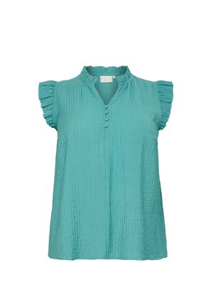 Türkise ärmellose Bluse aus strukturiertem Stoff, mit gerafften Schulterakzenten und einer Schlüssellochknopfverschluss am Ausschnitt. Design mit asymmetrischem Saum.