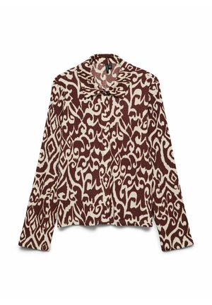 Langærmet skjorte med knapper, i brun og cremefarvet abstrakt blomster- og geometrisk mønster, med spidst krave, lagt fladt på hvid baggrund.