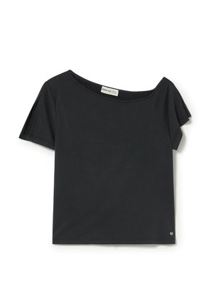 Black short-sleeve top with a wide neckline, made of smooth fabric. Features minimalist design and a logo accent at the hem.