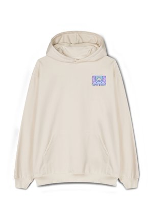 Crème-kleurige hoodie gemaakt van zachte stof, met een kind en een multikleurige bergafbeelding op de linkerkant van de borst en een voorzak.