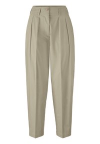 Beige plooibroek gemaakt van stof met een gladde textuur, met een knoopsluiting en een wijdvallend ontwerp.