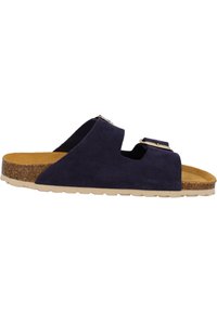 Sandale à glissière en suede marine avec deux bretelles réglables, semelle en liège et semelle extérieure en caoutchouc beige. Design ouvert adapté aux jours chauds.